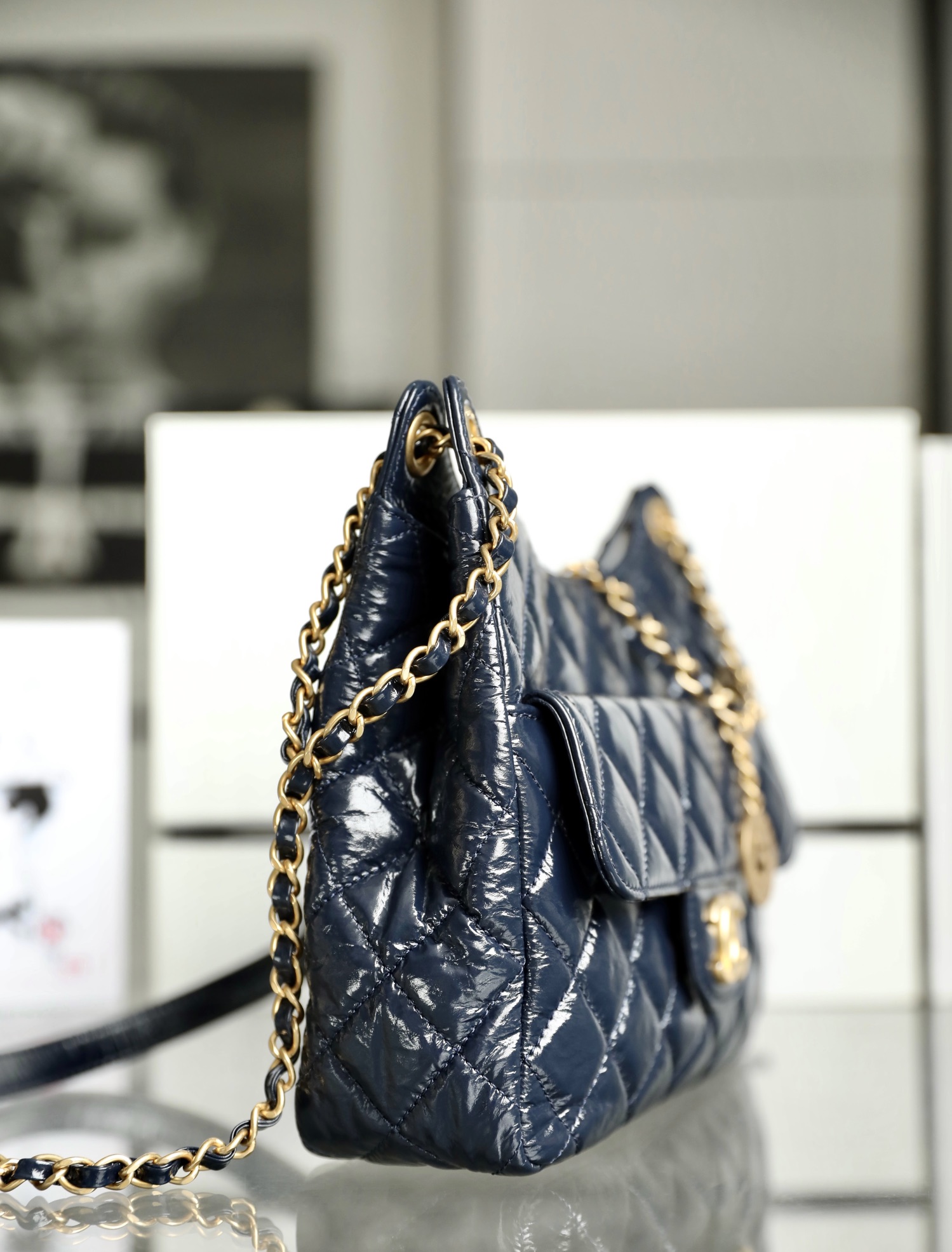Chanel CC Medium Hobo Bag Black/ Dark Blue For Women 8.6 in / 22.5 cm