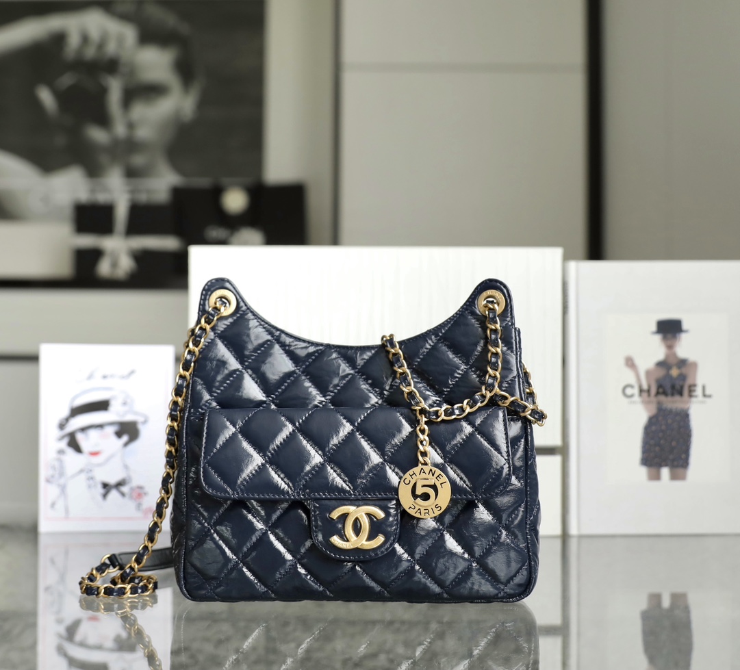 Chanel CC Medium Hobo Bag Black/ Dark Blue For Women 8.6 in / 22.5 cm