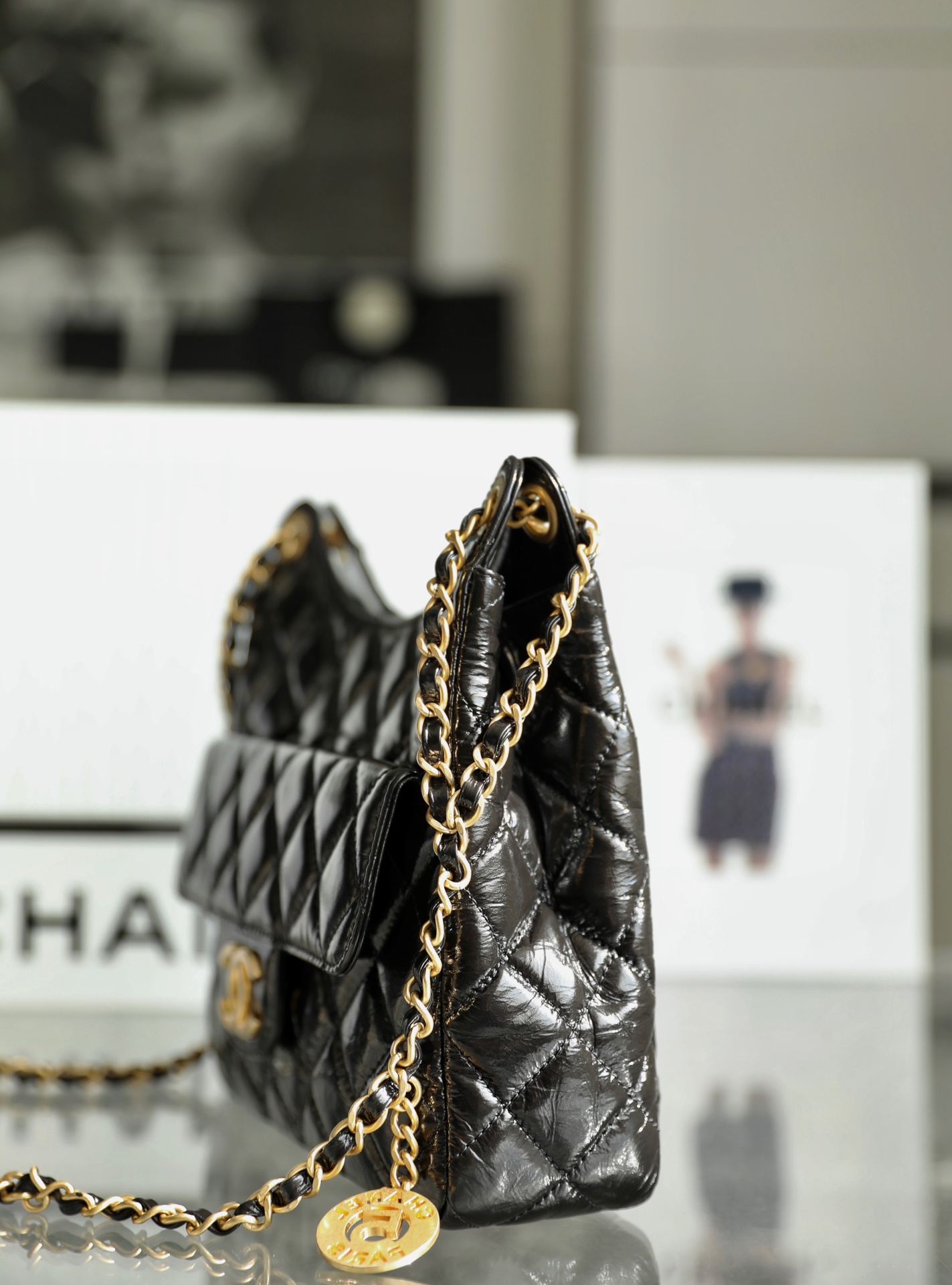 Chanel CC Medium Hobo Bag Black/ Dark Blue For Women 8.6 in / 22.5 cm