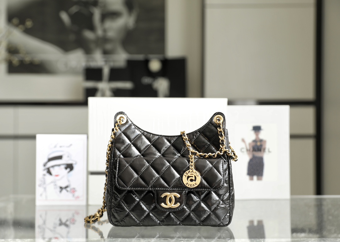 Chanel CC Medium Hobo Bag Black/ Dark Blue For Women 8.6 in / 22.5 cm