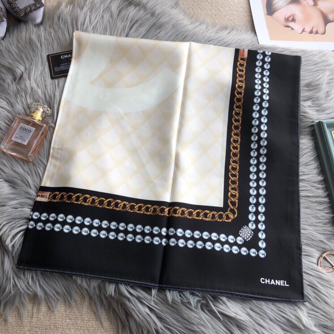 Chanel CC Pattern in Beige Black Border Square Scarf 110cm/43in