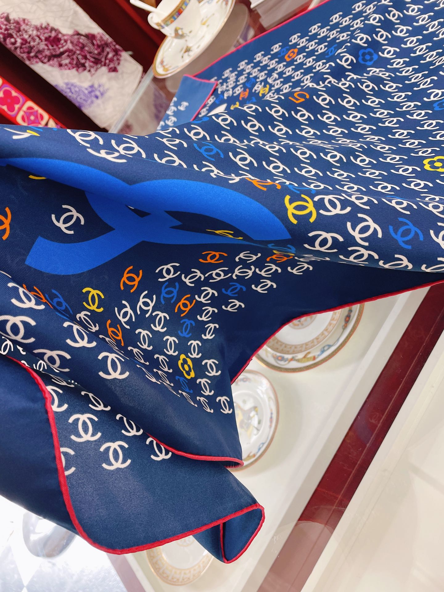 Chanel CC Pattern in Blue Square Scarf 90cm/35in