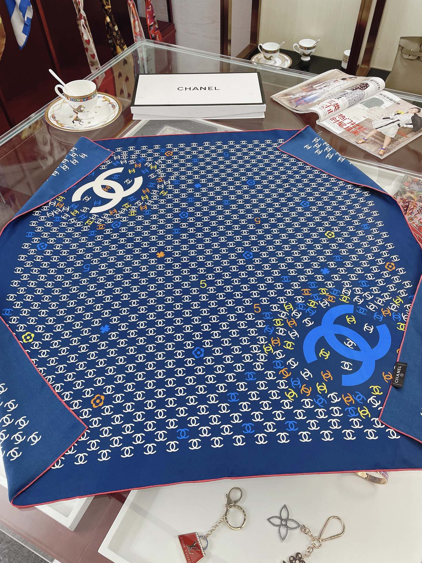 Chanel CC Pattern in Blue Square Scarf 90cm/35in