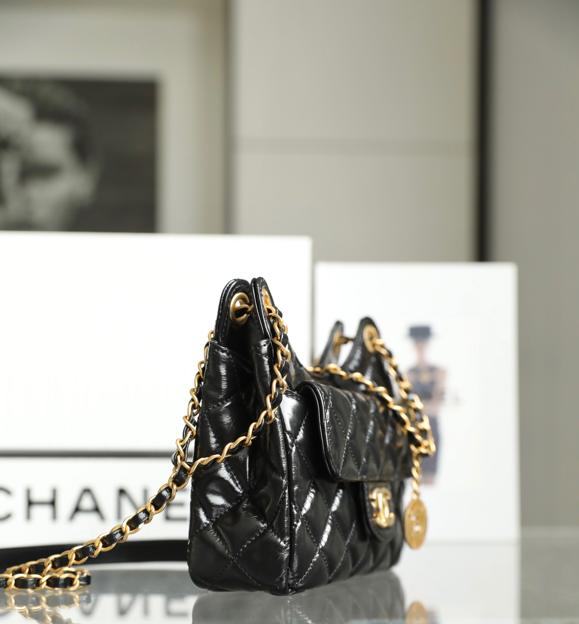 Chanel CC Small Hobo Bag Black/ Dark Blue For Women 7.4 in / 17 cm AS3710 94305