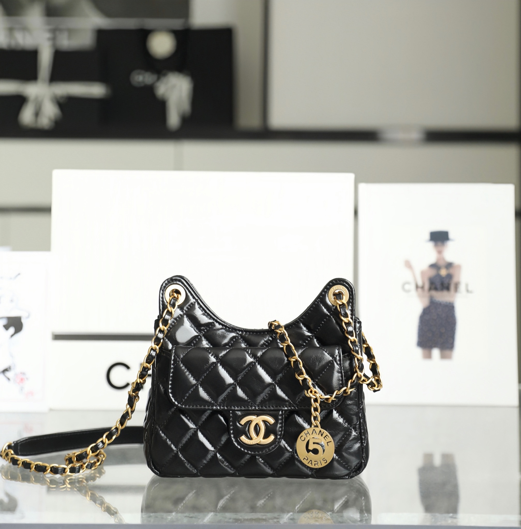 Chanel CC Small Hobo Bag Black/ Dark Blue For Women 7.4 in / 17 cm AS3710 94305