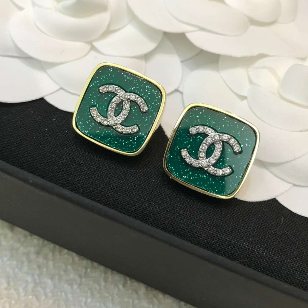 Chanel CC Stud Earrings Green For Women