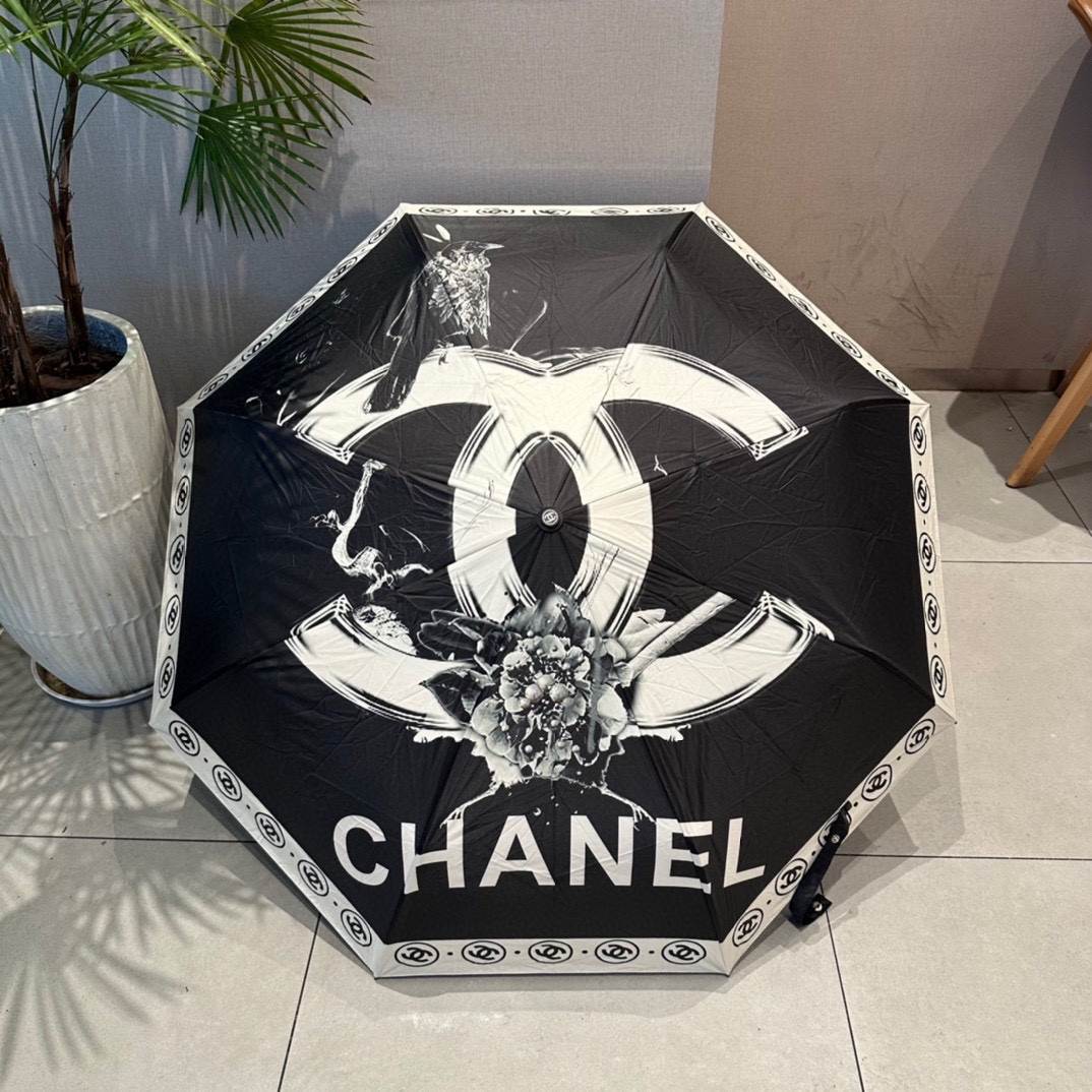 Chanel CC With Flower Folding Umbrella Black