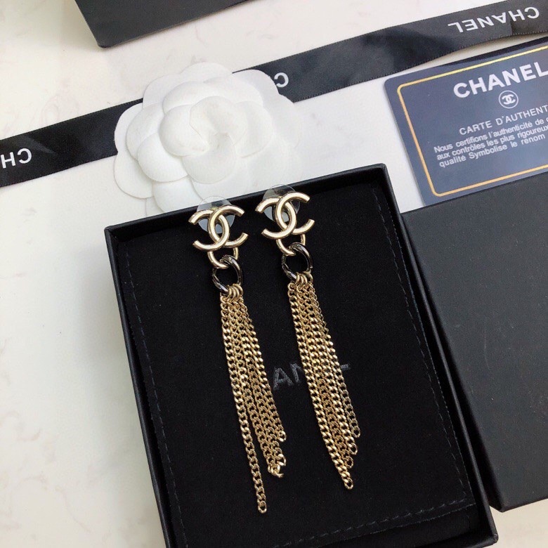 Chanel Chain Long Shape Earrings Gold Tone For Women
