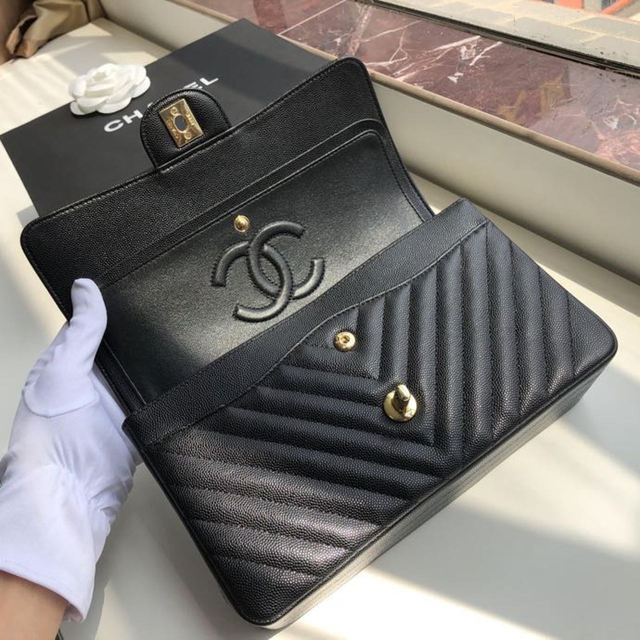 Chanel Chevron Classic Handbag Gold Toned Hardware Black For Women, Women’s Bags, Shoulder And Crossbody Bags 10.2in/26cm