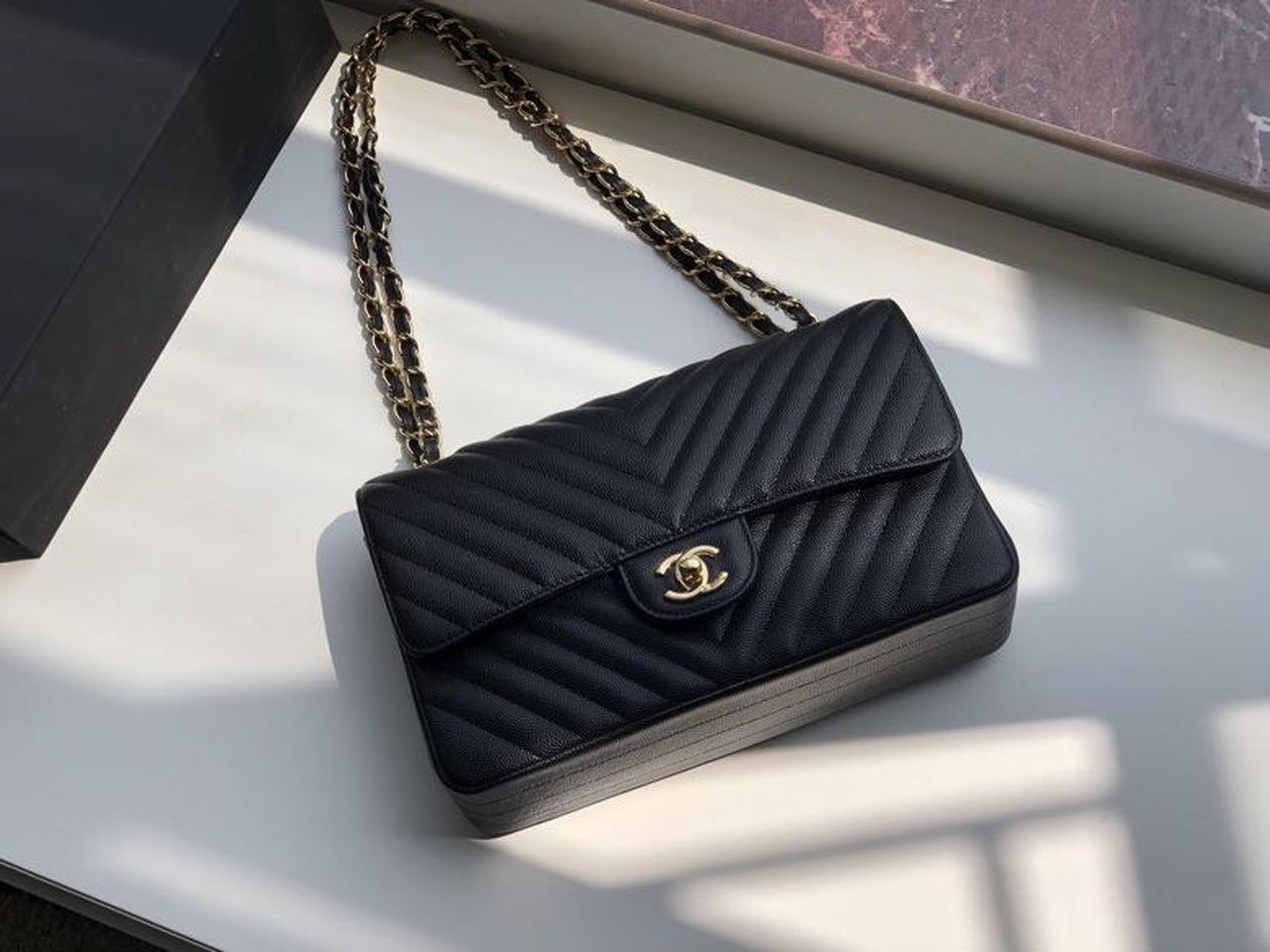 Chanel Chevron Classic Handbag Gold Toned Hardware Black For Women, Women’s Bags, Shoulder And Crossbody Bags 10.2in/26cm