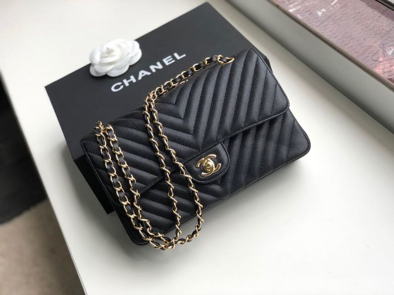 Chanel Chevron Classic Handbag Gold Toned Hardware Black For Women, Women’s Bags, Shoulder And Crossbody Bags 10.2in/26cm