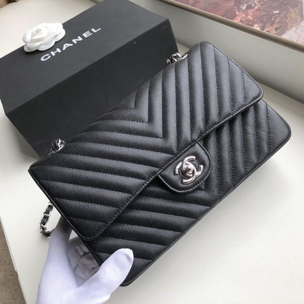 Chanel Chevron Classic Handbag Silver Hardware Black For Women, Women’s Bags, Shoulder And Crossbody Bags 10.2in/26cm