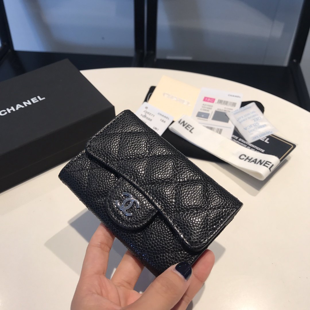 Chanel Classic Card Holder Silver Hardware Black For Women, Women’s Wallet 4.5in/11.5cm