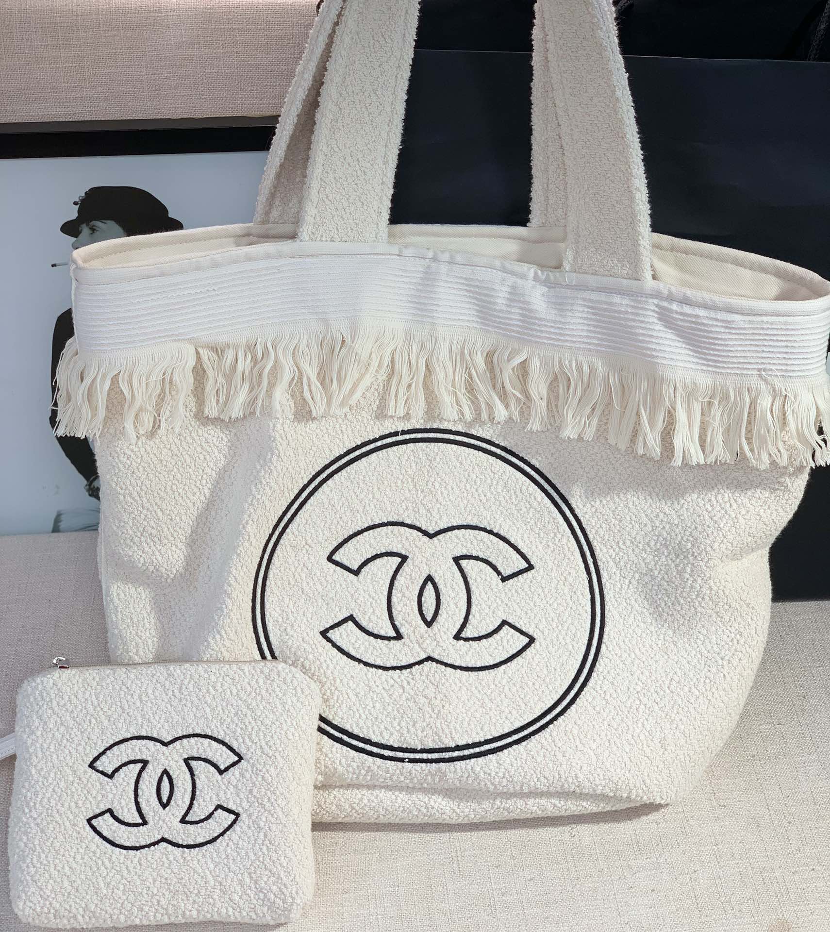 Chanel Classic Double C Tote Bag Black/White For Women 16.1 in / 41 cm