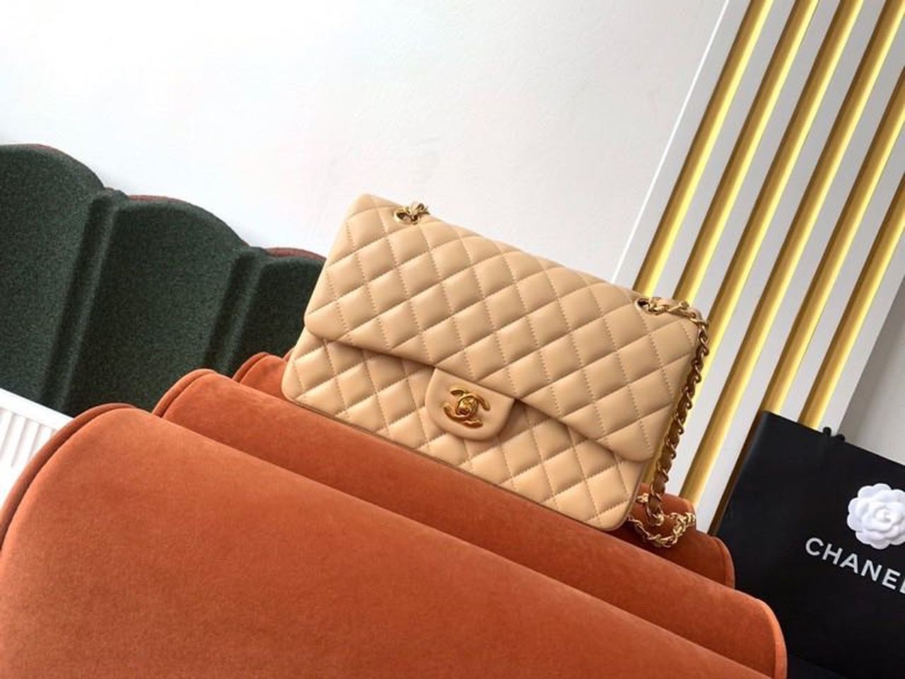 Chanel Classic HandBag Beige For Women 9.9in/25.5cm