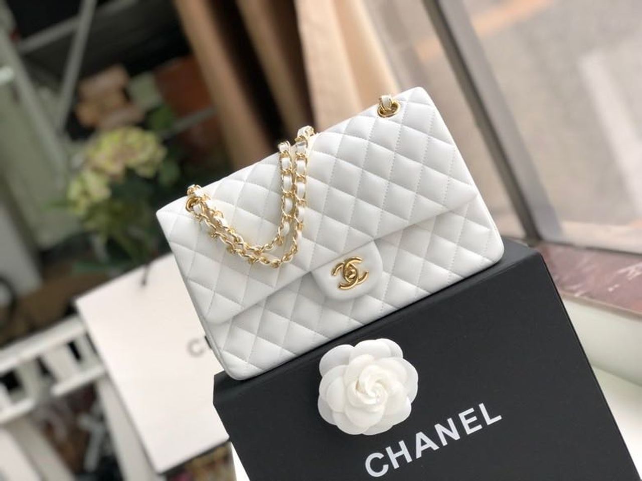 Chanel Classic Handbag Gold Toned Hardware White For Women, Women’s Bags, Shoulder And Crossbody Bags 10.2in/26cm