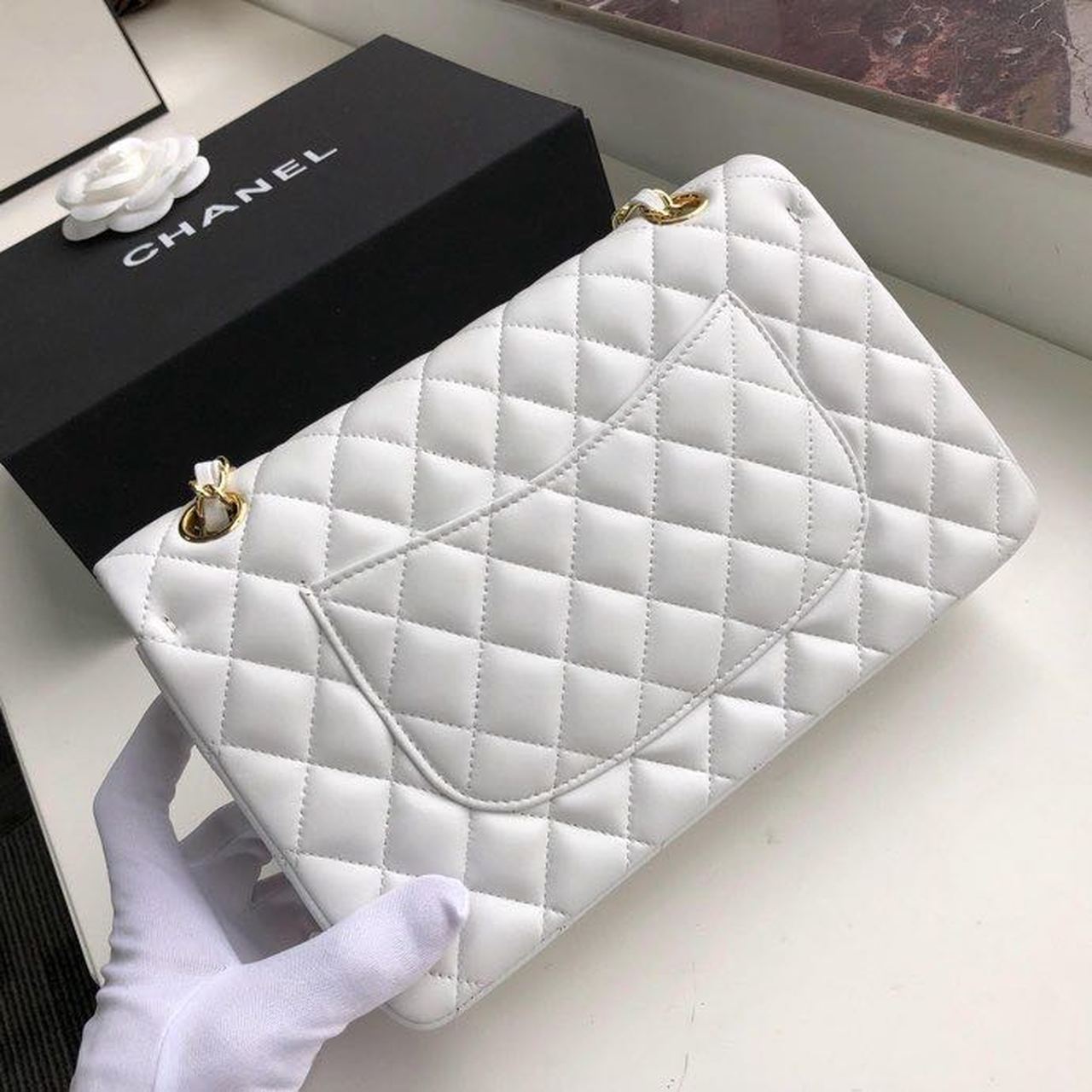 Chanel Classic Handbag Gold Toned Hardware White For Women, Women’s Bags, Shoulder And Crossbody Bags 10.2in/26cm