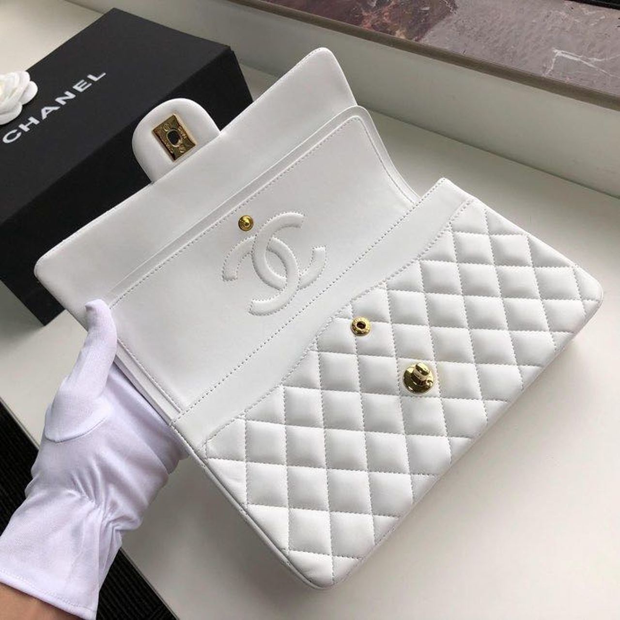 Chanel Classic Handbag Gold Toned Hardware White For Women, Women’s Bags, Shoulder And Crossbody Bags 10.2in/26cm