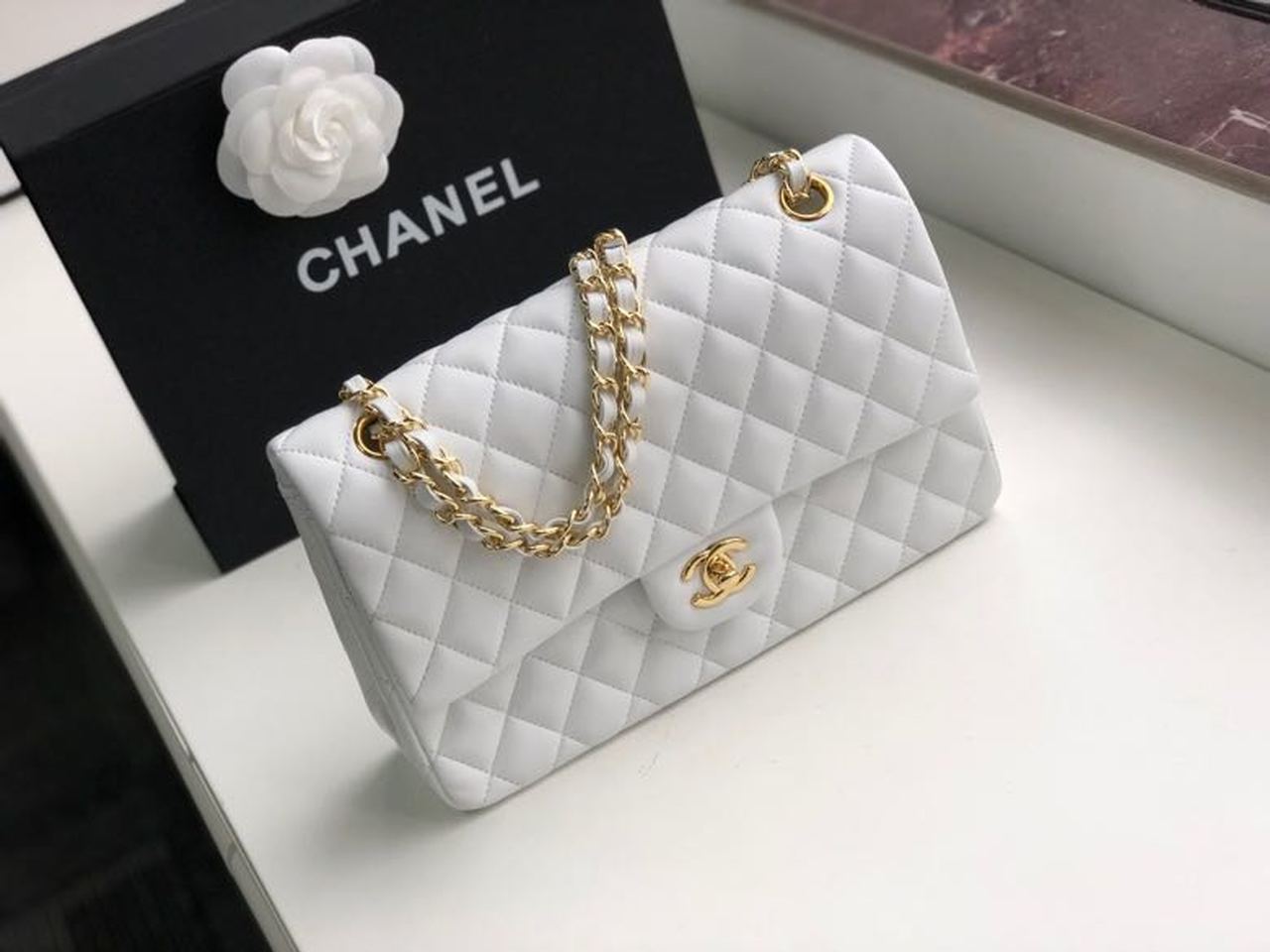 Chanel Classic Handbag Gold Toned Hardware White For Women, Women’s Bags, Shoulder And Crossbody Bags 10.2in/26cm