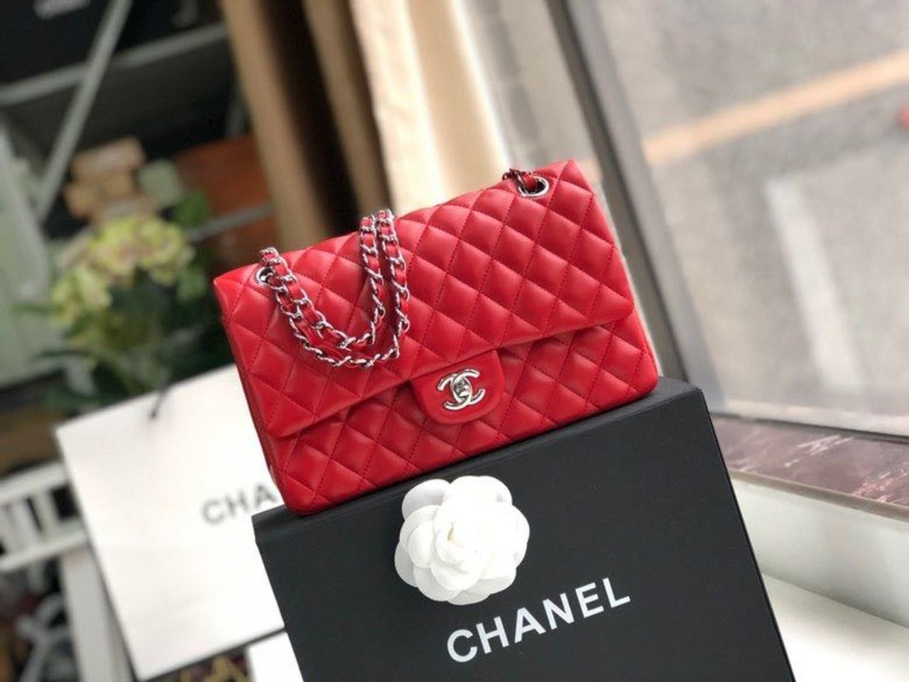 Chanel Classic HandBag Red For Women 9.9in/25.5cm