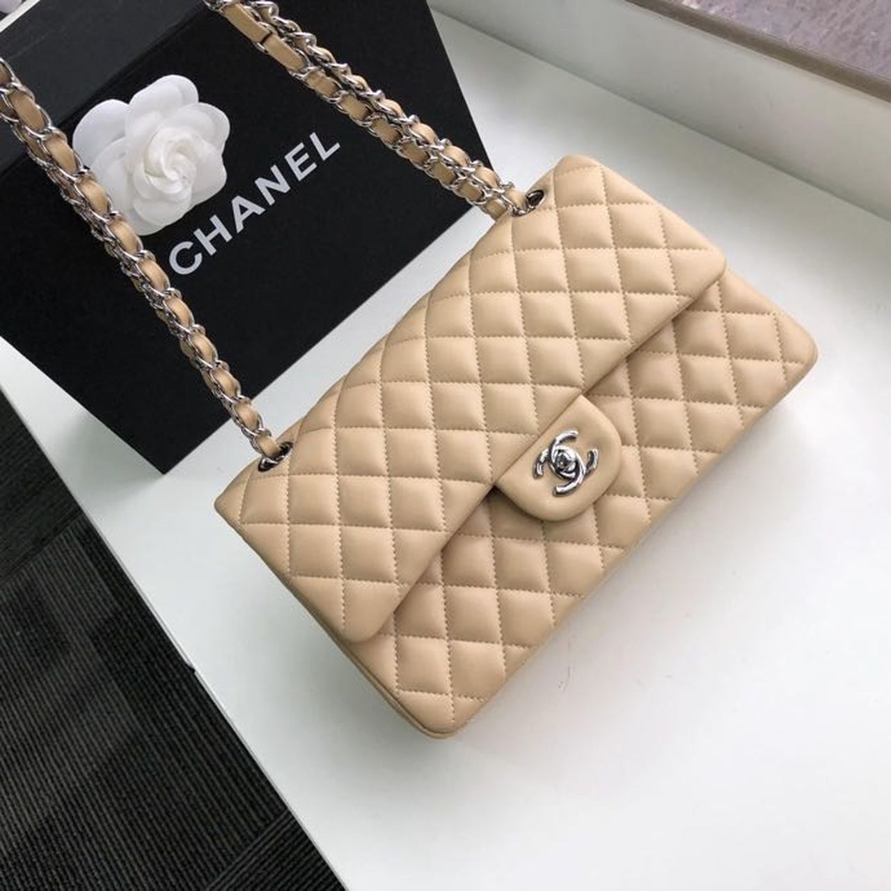 Chanel Classic Handbag Silver Hardware Beige For Women, Women’s Bags, Shoulder And Crossbody Bags 10.2in/26cm