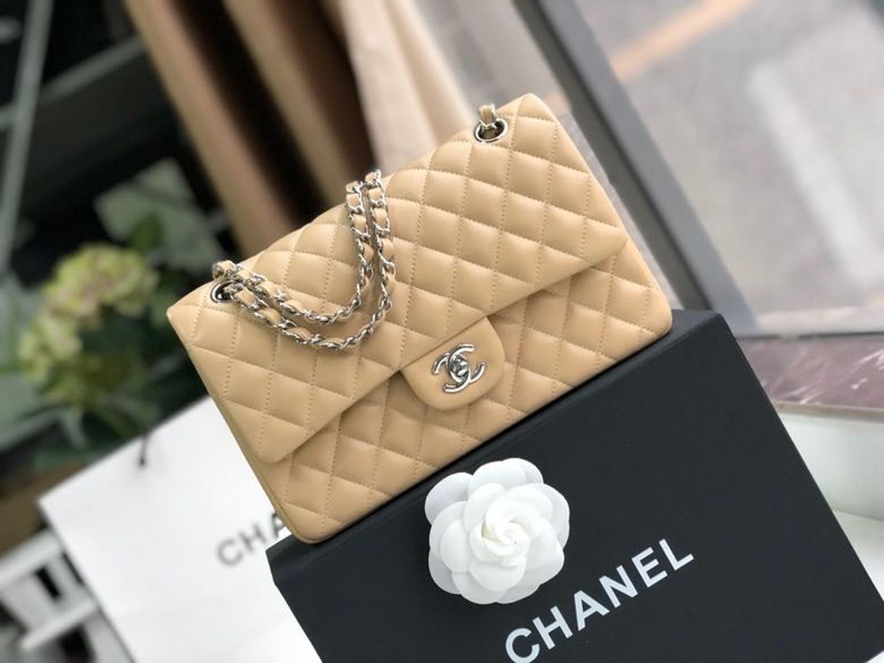 Chanel Classic Handbag Silver Hardware Beige For Women, Women’s Bags, Shoulder And Crossbody Bags 10.2in/26cm