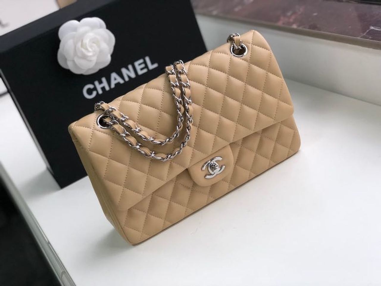 Chanel Classic Handbag Silver Hardware Beige For Women, Women’s Bags, Shoulder And Crossbody Bags 10.2in/26cm