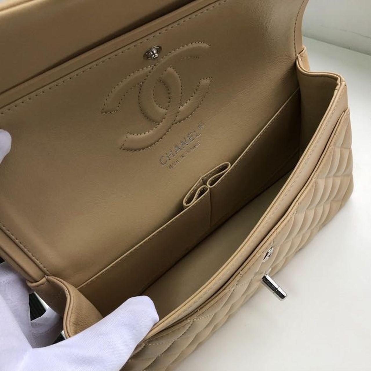 Chanel Classic Handbag Silver Hardware Beige For Women, Women’s Bags, Shoulder And Crossbody Bags 10.2in/26cm