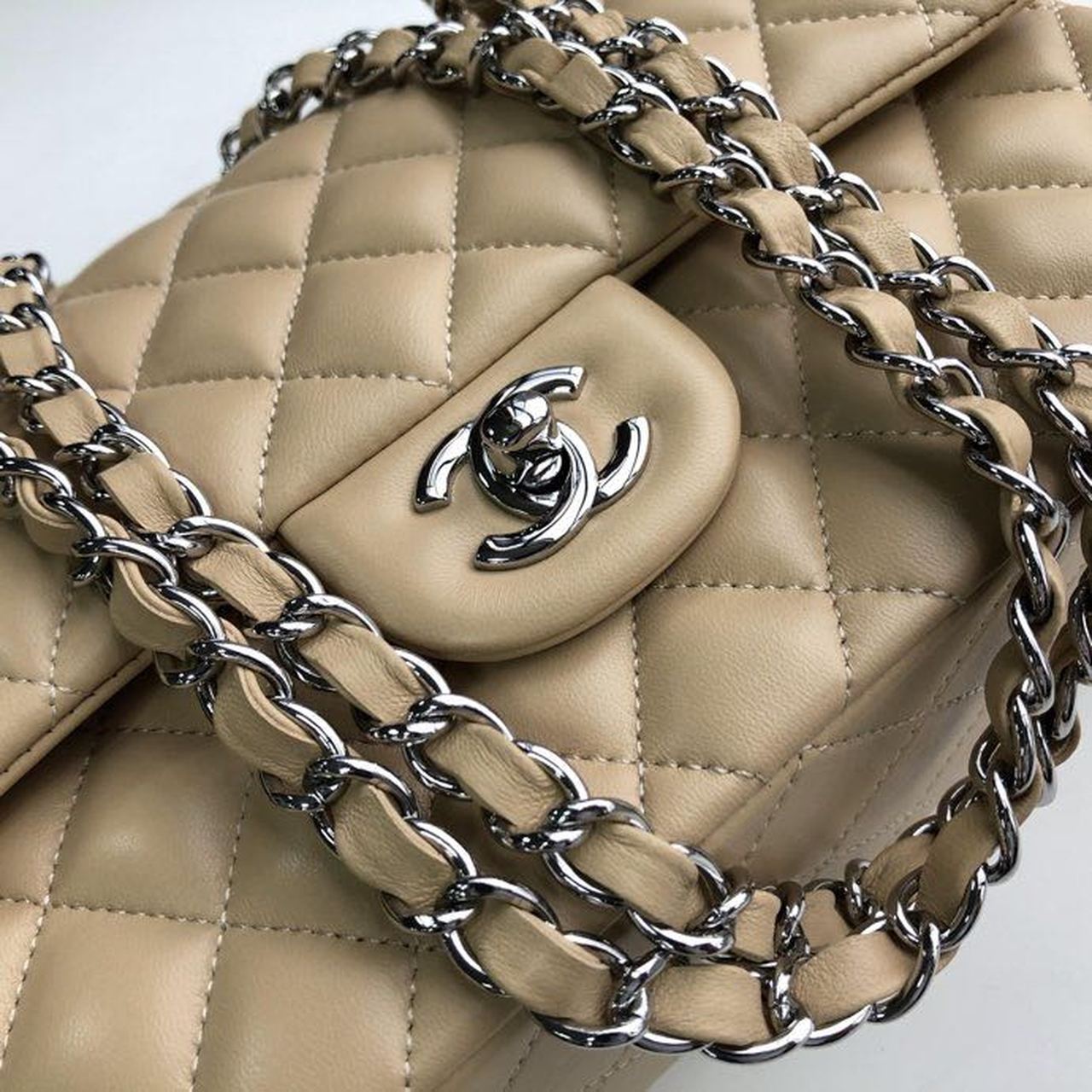 Chanel Classic Handbag Silver Hardware Beige For Women, Women’s Bags, Shoulder And Crossbody Bags 10.2in/26cm