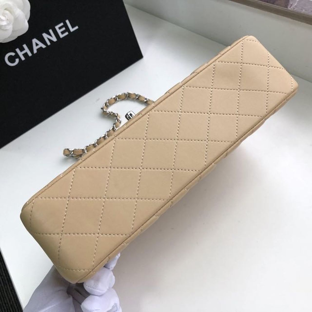Chanel Classic Handbag Silver Hardware Beige For Women, Women’s Bags, Shoulder And Crossbody Bags 10.2in/26cm
