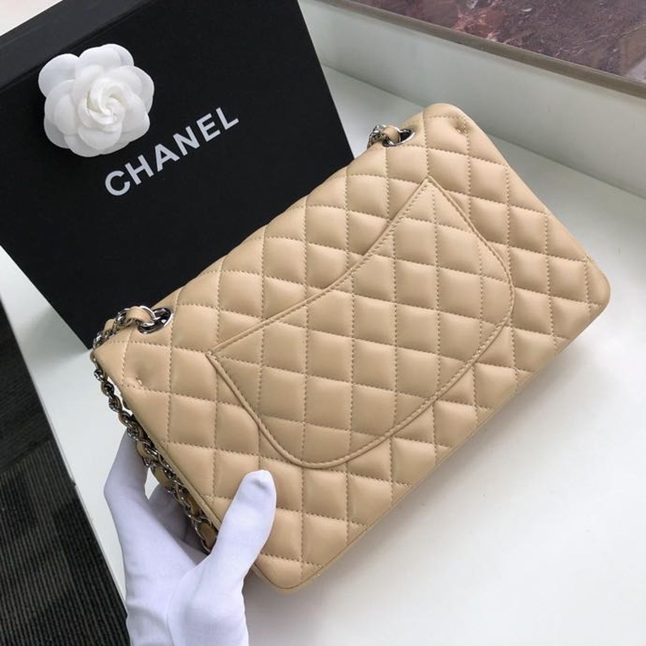 Chanel Classic Handbag Silver Hardware Beige For Women, Women’s Bags, Shoulder And Crossbody Bags 10.2in/26cm