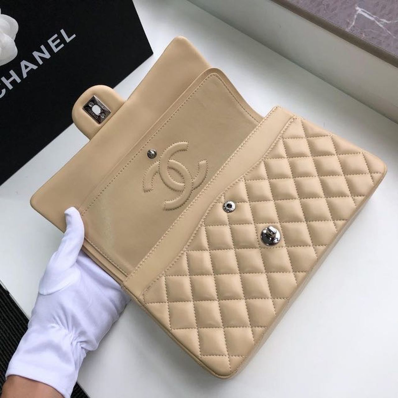 Chanel Classic Handbag Silver Hardware Beige For Women, Women’s Bags, Shoulder And Crossbody Bags 10.2in/26cm