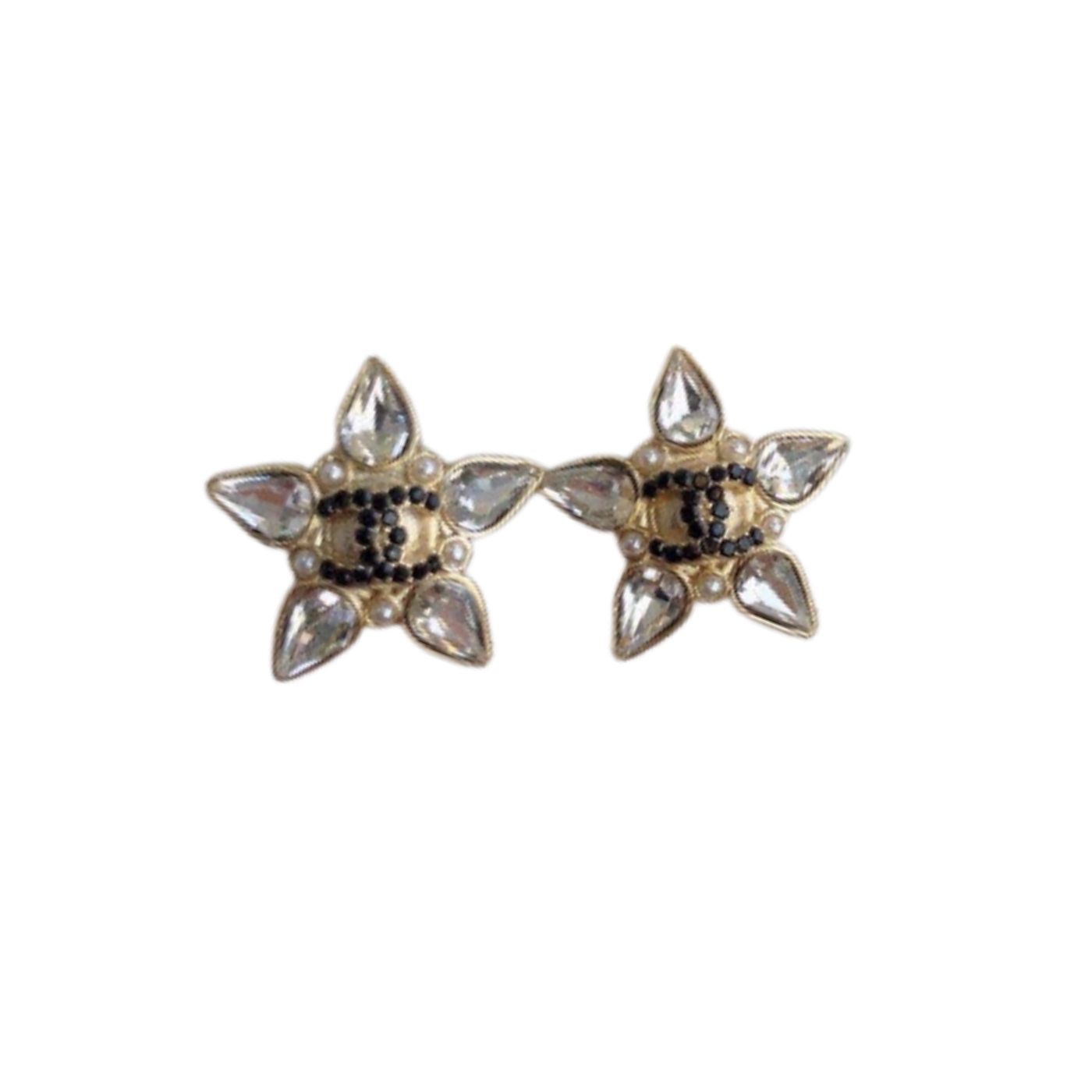 Chanel Crystal Five Petals Flower Earrings Gold Tone For Women