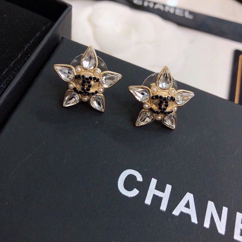 Chanel Crystal Five Petals Flower Earrings Gold Tone For Women