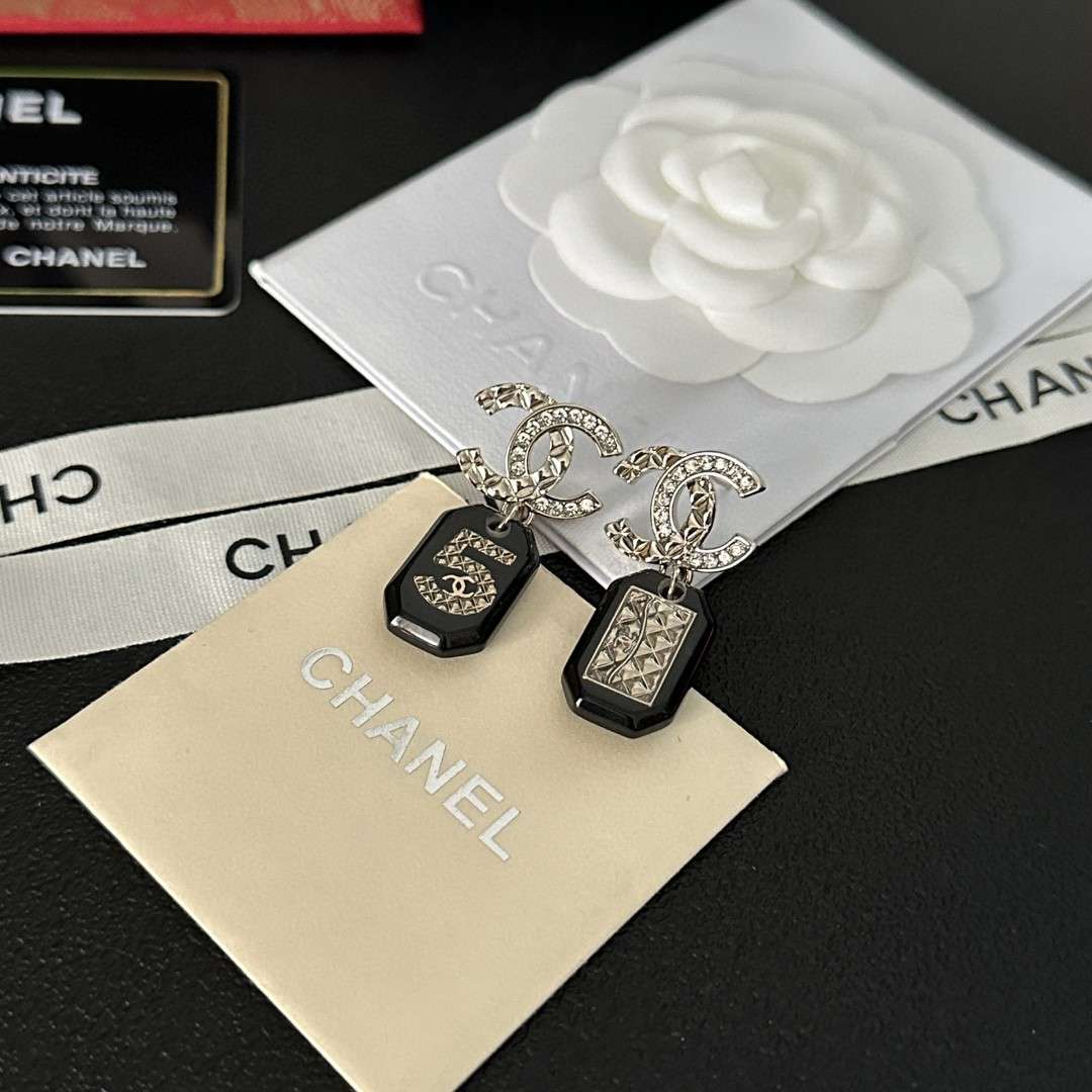 Chanel Crystal Tassel Square Earrings Black For Women