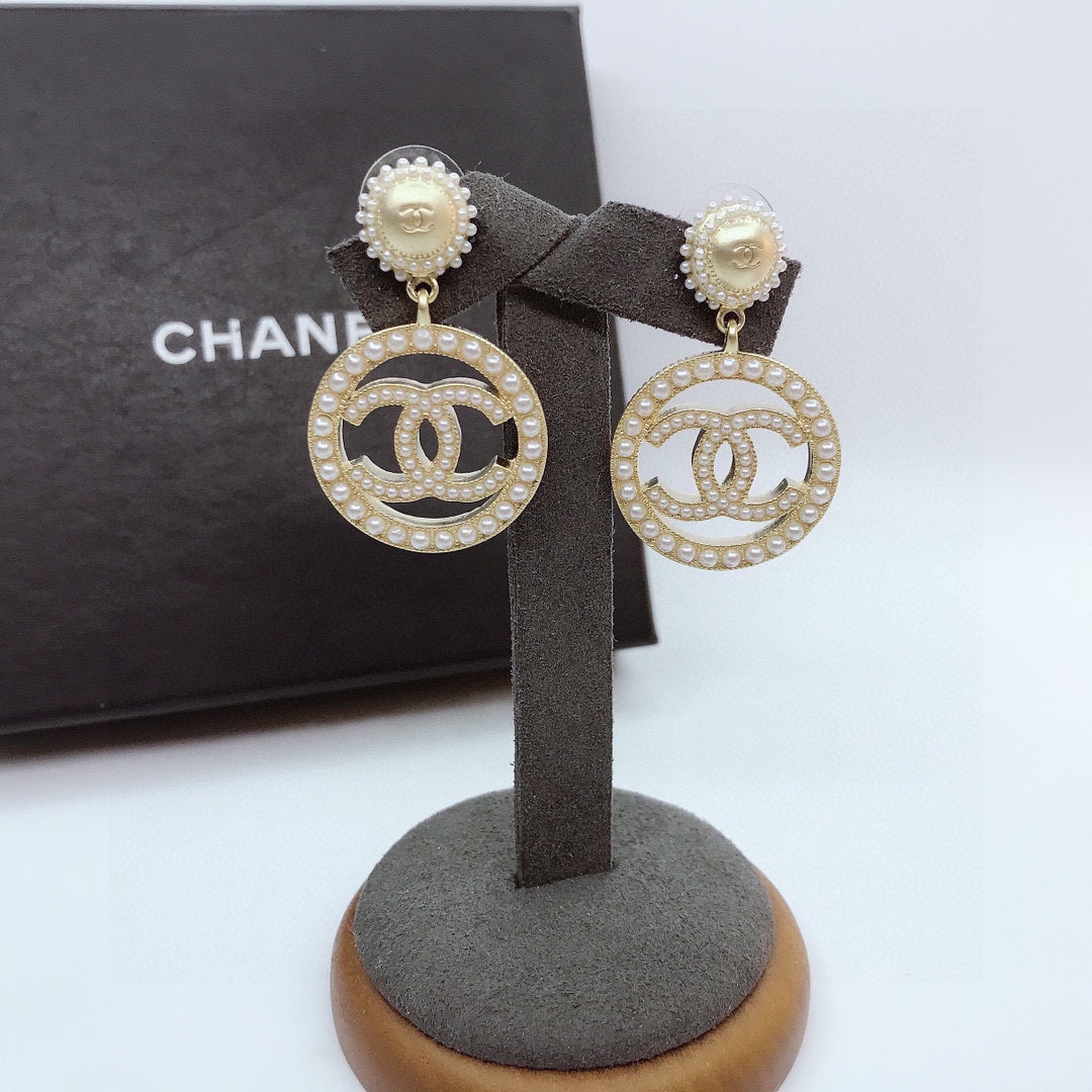 Chanel Dangling Big Circle Frame Earrings Gold Tone For Women