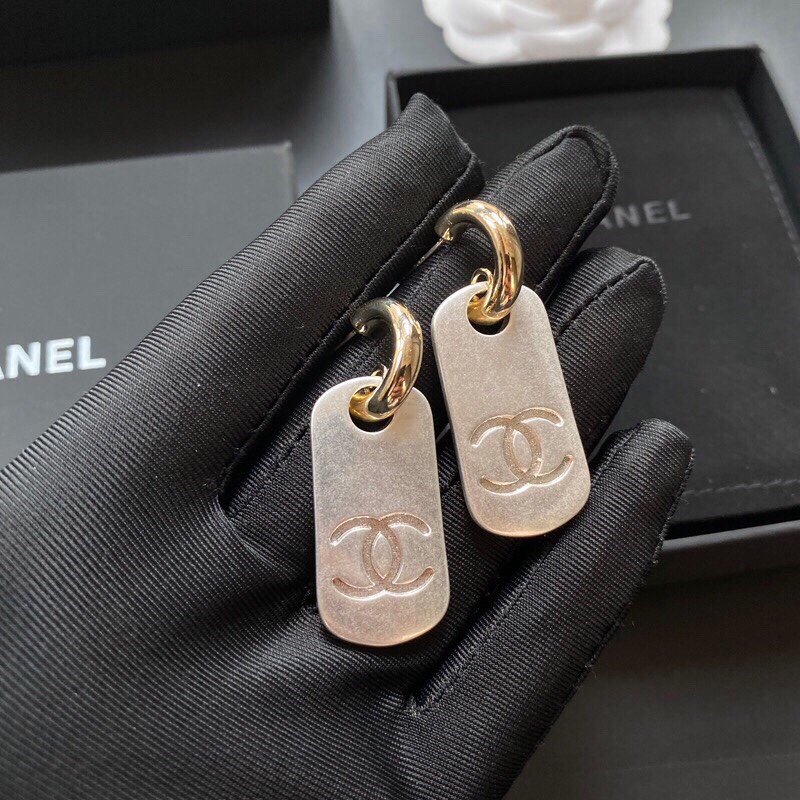 Chanel Dangling Big Tag Earrings Gold Tone For Women