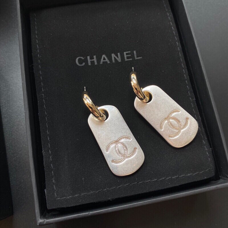 Chanel Dangling Big Tag Earrings Gold Tone For Women