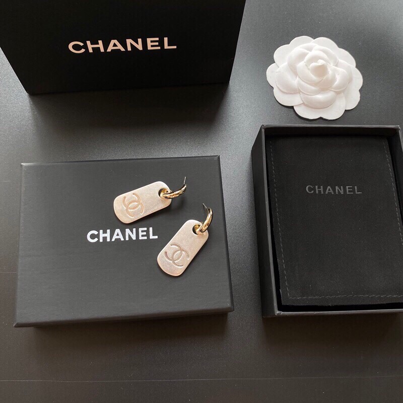 Chanel Dangling Big Tag Earrings Gold Tone For Women
