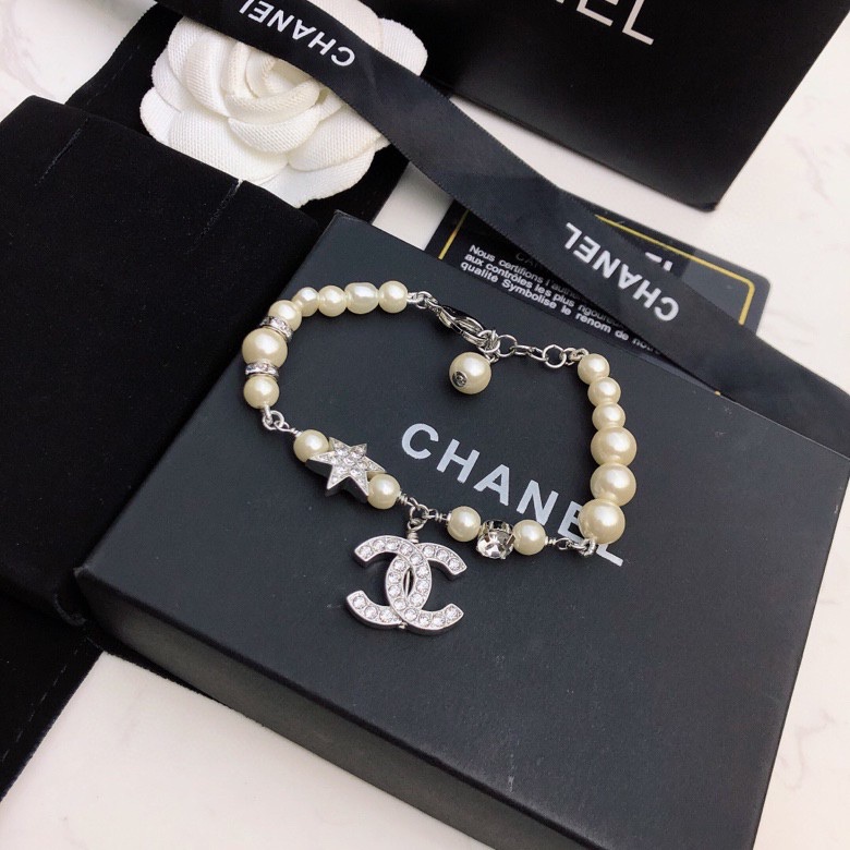Chanel Dangling Douple C Pearl Chain Bracelet Silver Tone For Women