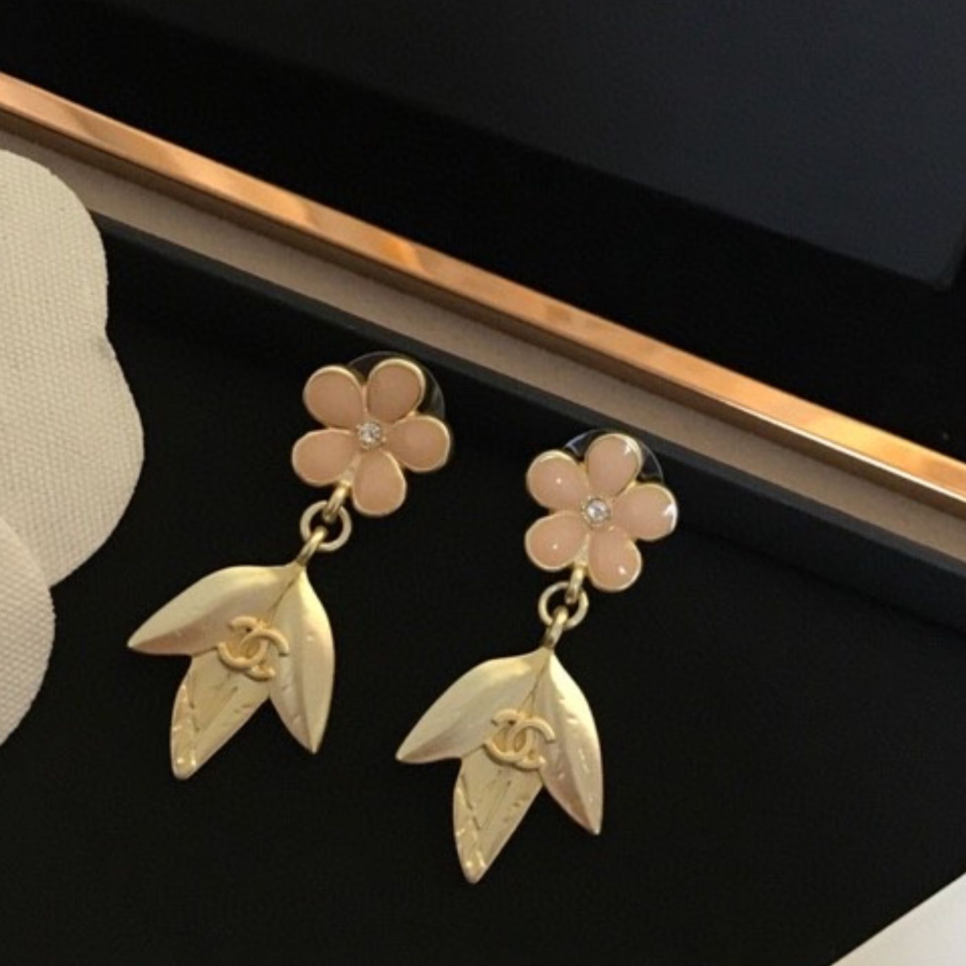 Chanel Dangling Triple Leaf Earrings Gold Tone For Women