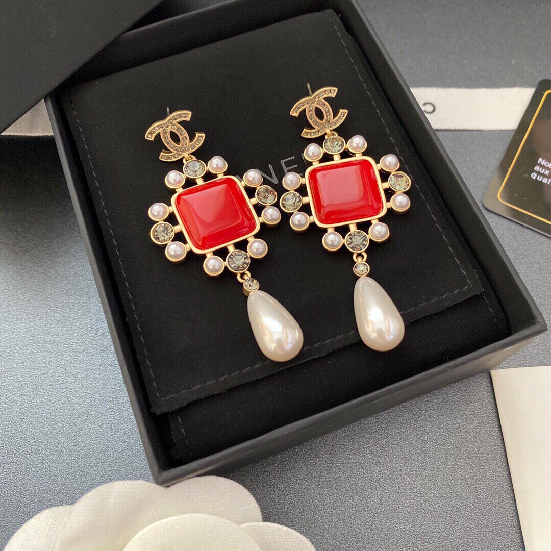 Chanel Dark Red Square Stone Earrings Gold Tone For Women