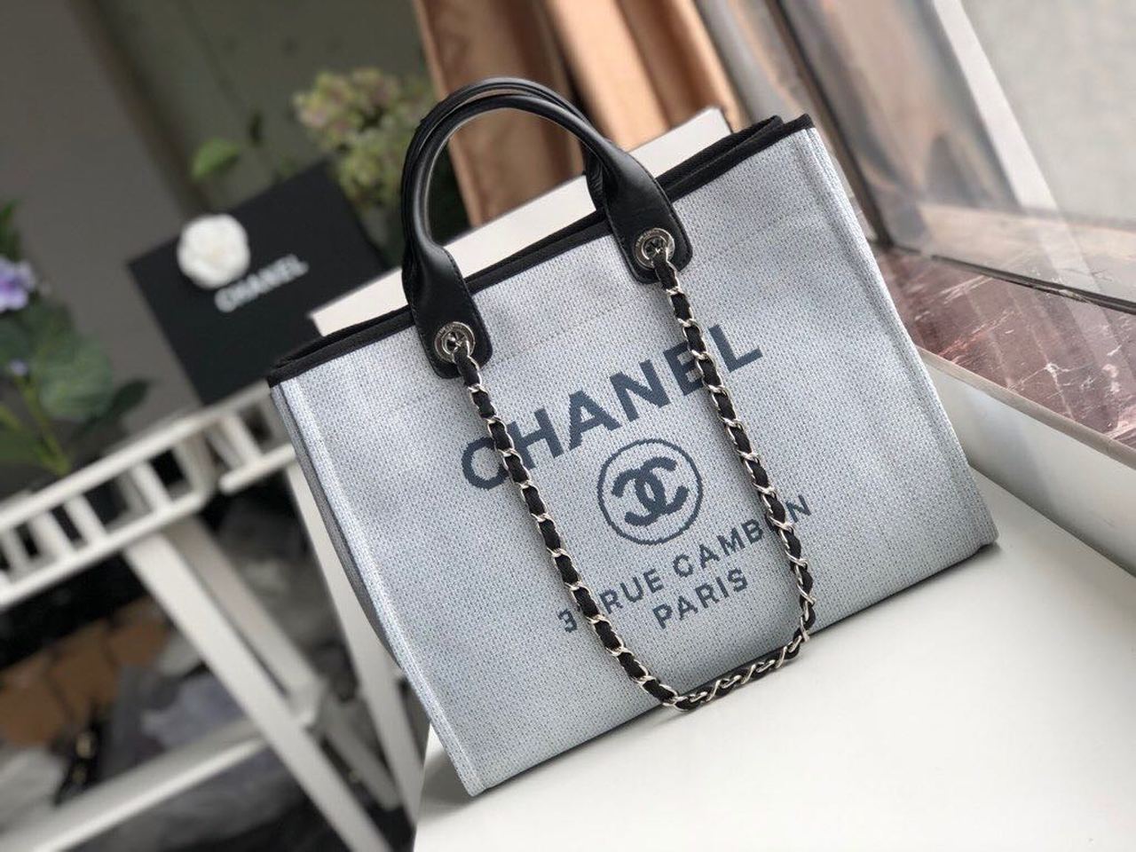 Chanel Deauville Tote 38cm White Gray For Women