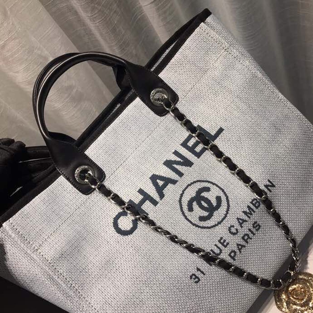 Chanel Deauville Tote Canvas Bag Light Grey For Women, Women’s Handbags, Shoulder Bags 15in/38cm