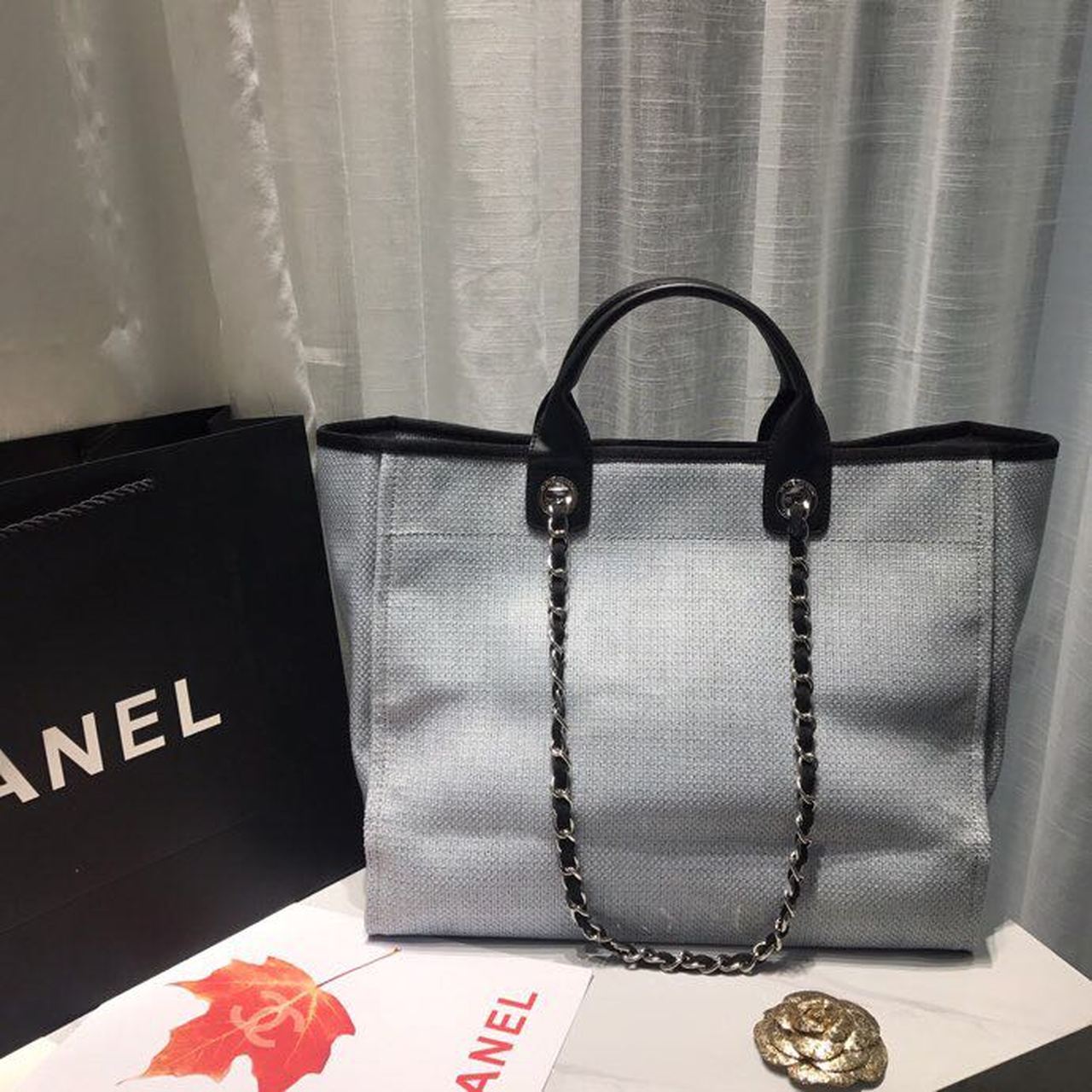 Chanel Deauville Tote Canvas Bag Light Grey For Women, Women’s Handbags, Shoulder Bags 15in/38cm