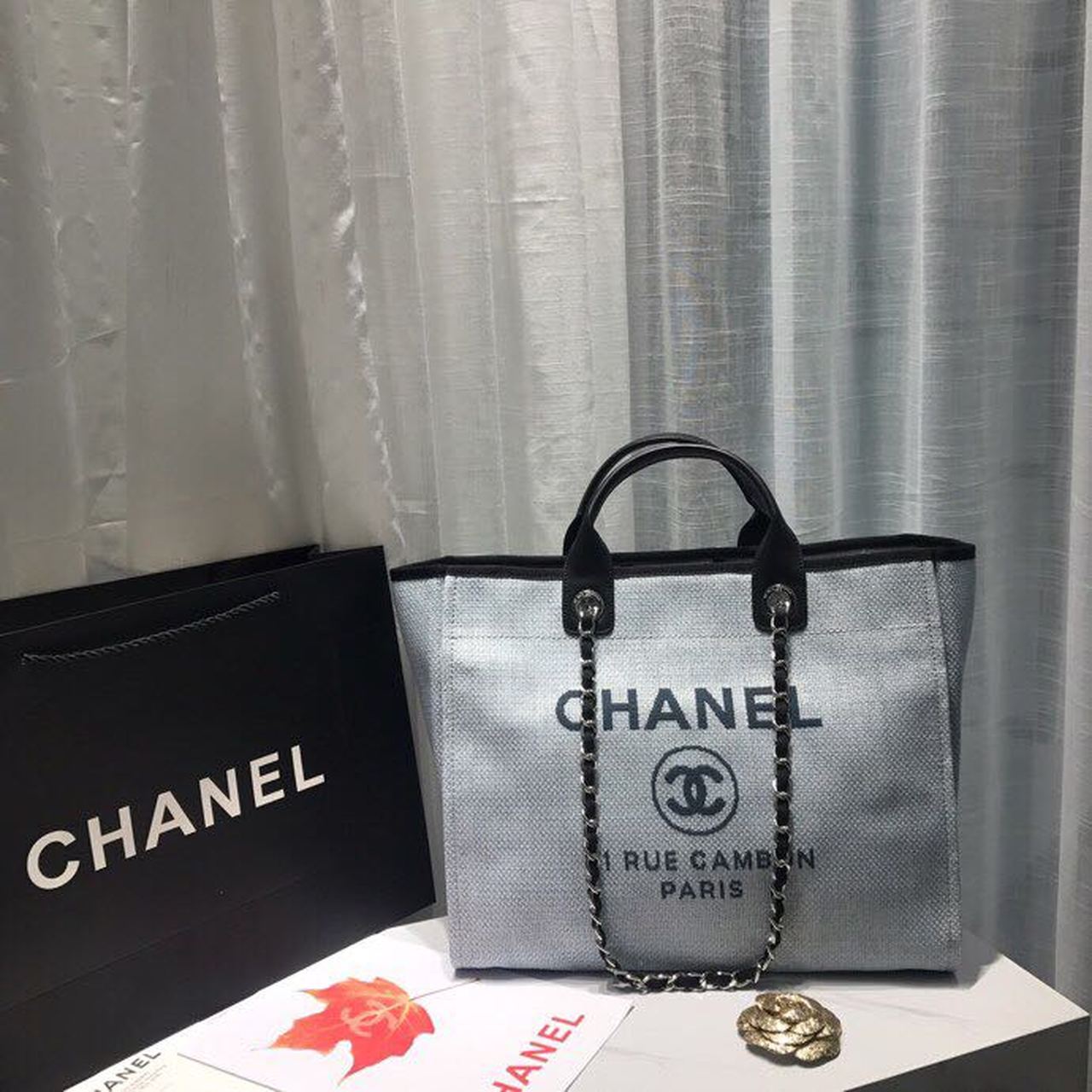 Chanel Deauville Tote Canvas Bag Light Grey For Women, Women’s Handbags, Shoulder Bags 15in/38cm