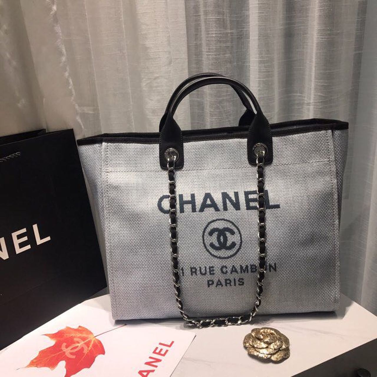 Chanel Deauville Tote Canvas Bag Light Grey For Women, Women’s Handbags, Shoulder Bags 15in/38cm
