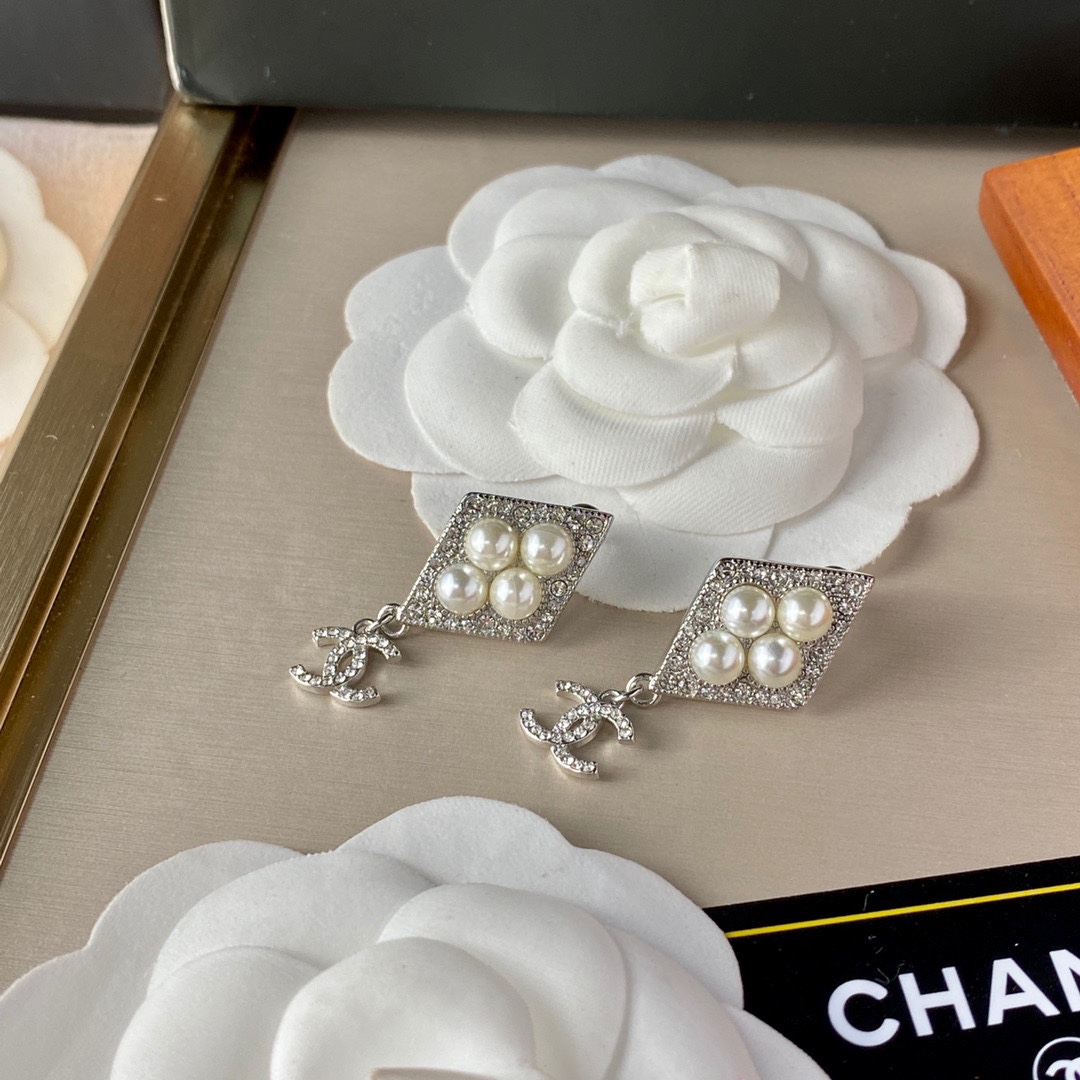 Chanel Double C Pendant Earrings Silver For Women