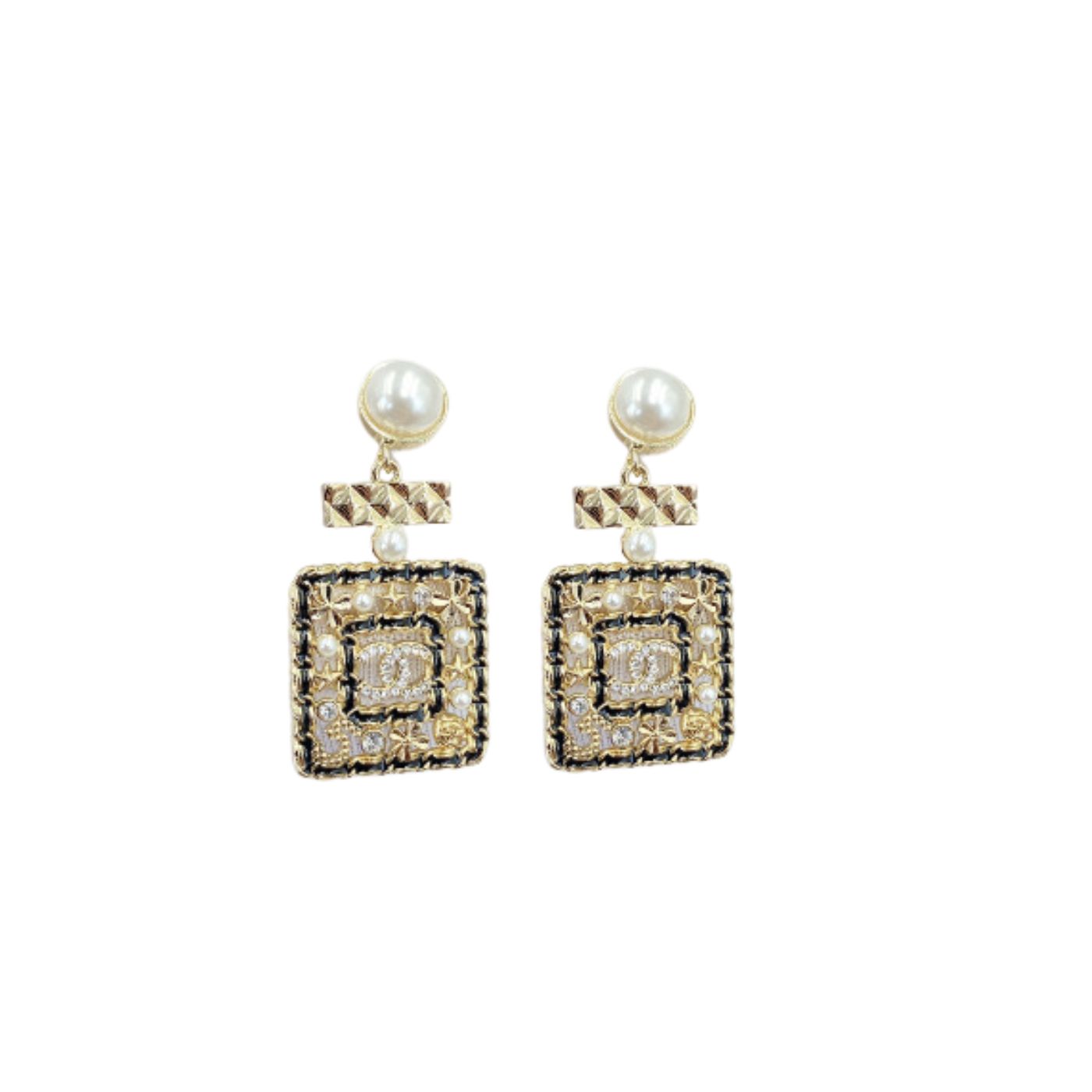 Chanel Douple Black Border Square Frame Earrings Gold Tone For Women