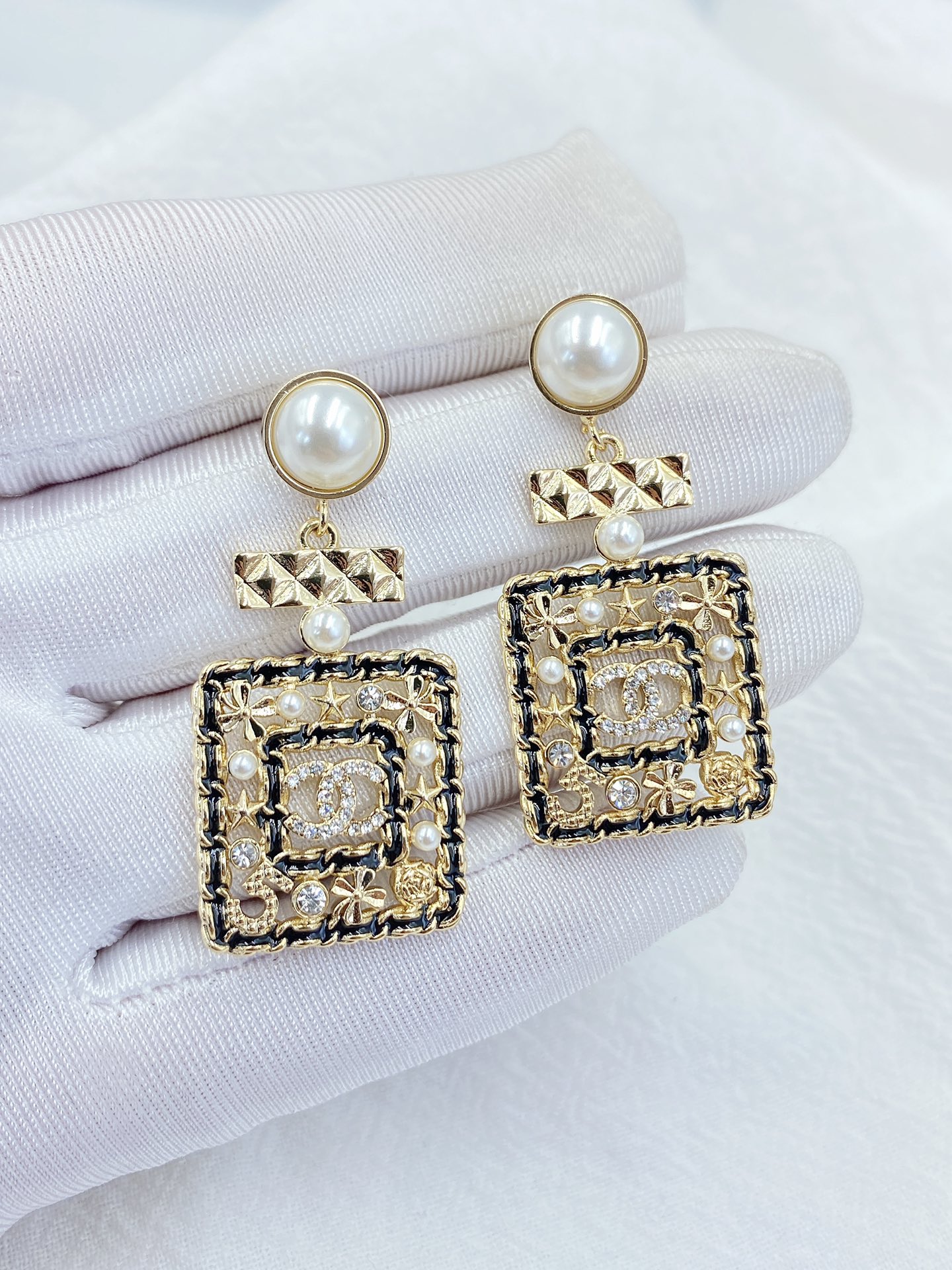 Chanel Douple Black Border Square Frame Earrings Gold Tone For Women